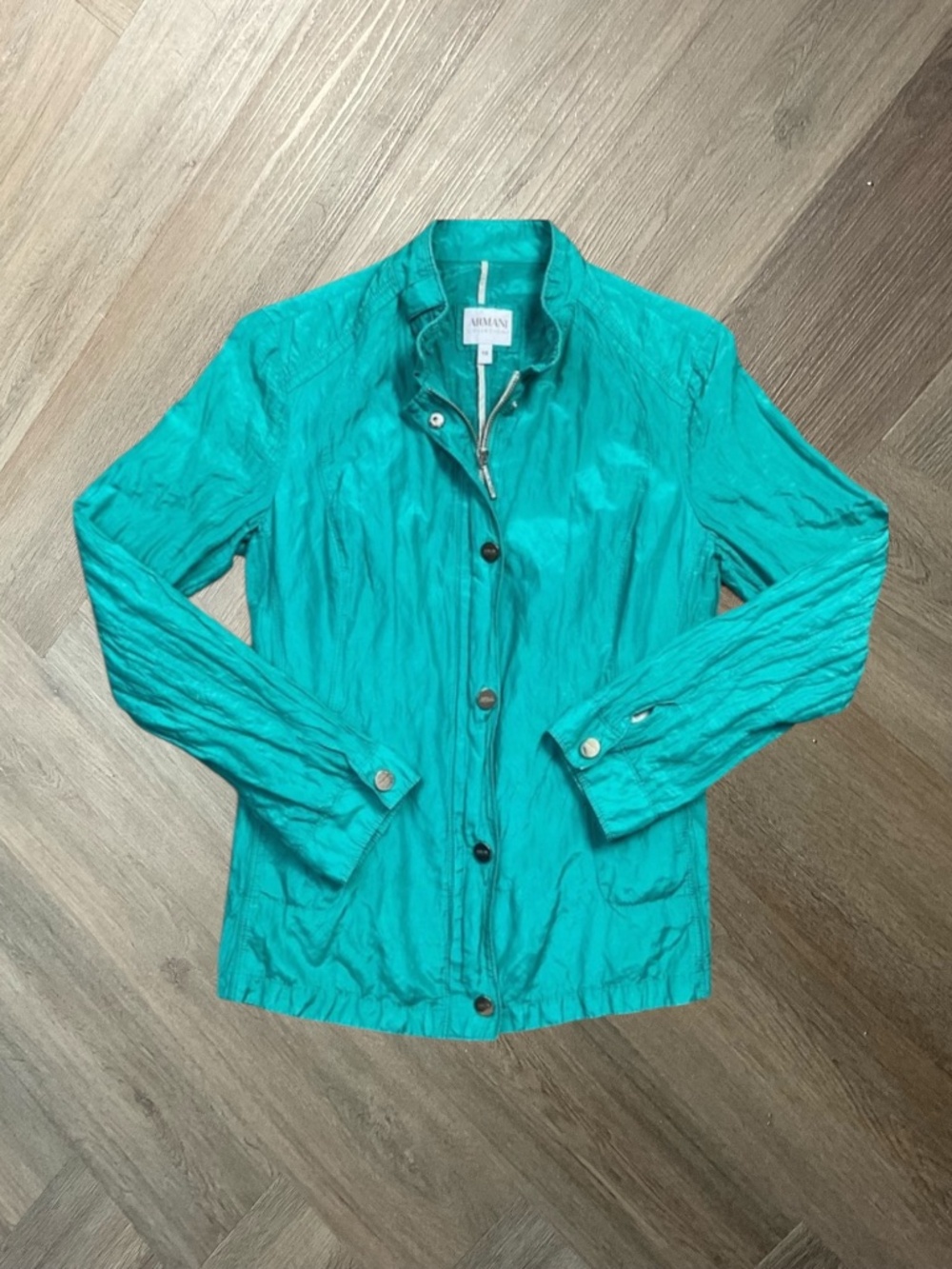 Vintage Armani Collezioni‎ Crinkle Silk Blend Button Front Jacket Womens 10 Teal